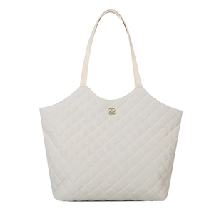 Sac cabas beige matelassé avec logo floral doré et grande capacité pour le bureau