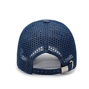 Dark blue breathable mesh baseball cap with adjustable metal buckle on back