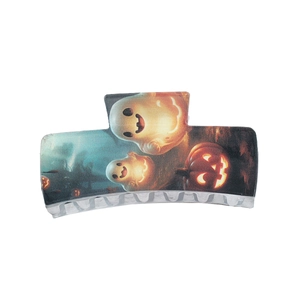 Halloween pumpkin and ghost pattern hair claw clip with dark blue gradient acrylic finish