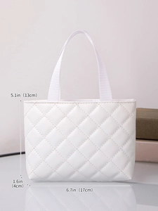 Detailed dimensions of the white quilted mini tote bag showing its 17cm width and 13cm height
