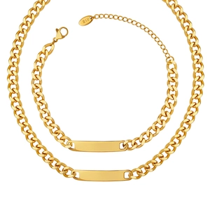 Hip hop style gold titanium steel jewelry set with thick Cuban chain and rectangle ID tags