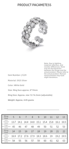 Size chart for daisy silver ring showing inner diameter and circumference measurements