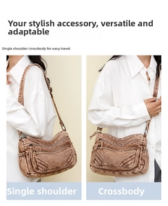 Brown vintage multi-pocket crossbody bag shown in shoulder and sling carry styles