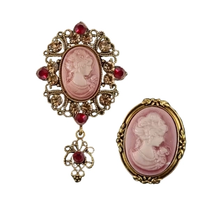 Vintage baroque cameo brooch set with pink lady portrait and gold filigree details