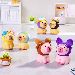 Set of 6 cute resin Capybara figurines with colorful themed hats for desktop decoration