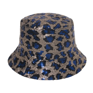 Close-up of sparkling blue and gold sequin leopard print on this trendy bucket hat
