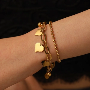Stainless Steel Double Layer Heart Bracelet Gold Silver Bead Link Chain For Women Fashion Jewelry Elegant Adjustable Gift
