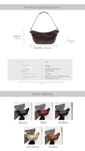 Detailed chart showing retro PU leather crescent shoulder bag dimensions and colors