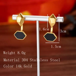 Detail view of 14k gold plated stainless steel geometric earrings with size dimensions