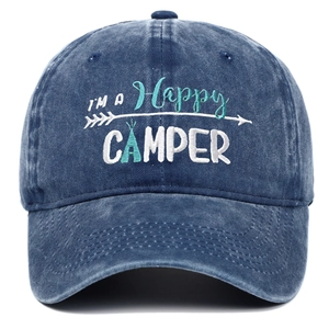 Vintage washed denim baseball cap featuring Happy Camper embroidery in retro blue