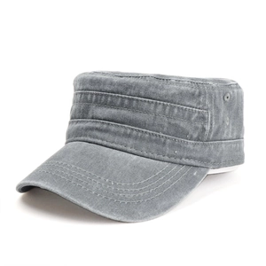 Detail of grey vintage washed cadet hat showing metal eyelets and fine stitching textures