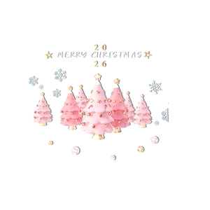 Pink 3D Christmas tree window clings with gold stars and snowflakes for festive decoration