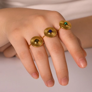 Bohemian gold stainless steel rings set with malachite lapis and tiger eye stones