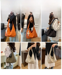 Collage of four large canvas hobo bags in orange, black, olive, and off-white colors