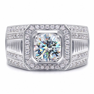 Luxury Moissanite men's silver ring with octagonal pave-set diamonds and brilliant main stone