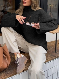 Pull en maille noire à col montant pour femme en laine bouclée style décontracté hiver