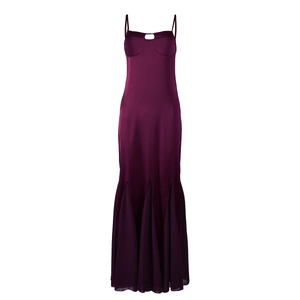 Detailed close-up of dark purple satin evening dress featuring a slim fishtail hem