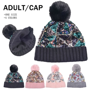 Pailletten Strickmütze Mit Kunstpelz Pompon Umschlag Dick Warm Geometrisch Mode Winter Outdoor Für Damen