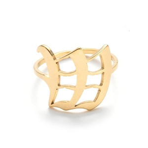 Close-up of golden gothic Old English letter W ring with an intricate cutout design