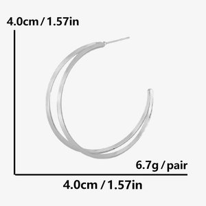 Detailed view of silver double-layer hoop earrings with size 4.0cm and weight 6.7g specs