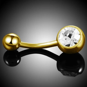 Golden F136 titanium belly button ring featuring a curved barbell and clear zircon stone