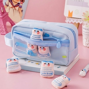 Cute large capacity light blue canvas pencil case with clear PVC pocket and plush charms
