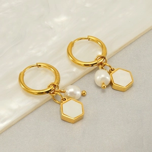 18K Gold Plated Stainless Steel Hoop Earrings With Natural Artificial Pearl And Hexagonal Shell Charms Fashion Geometric For Women