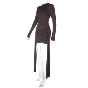 Detailed view of dark brown long sleeve dress featuring side ruched details and drapes