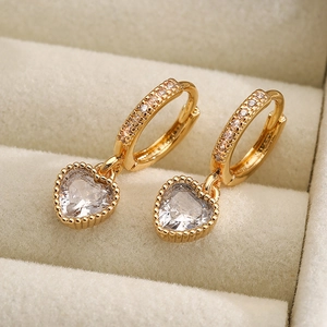Elegant gold plated heart drop earrings with zircon crystals in a velvet jewelry box