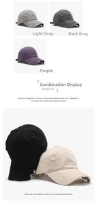Détails de casquettes en coton délavé avec finitions usées et bords effilochés