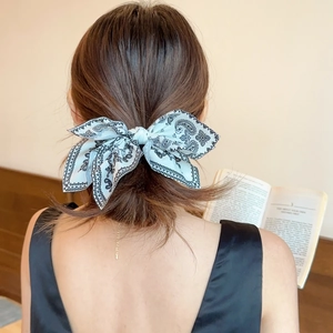 Elegant woman wearing light blue paisley bow hair clip during a quiet reading session