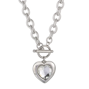 Collier à maillons argentés avec pendentif cœur en cristal et fermoir OT