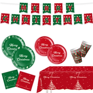 Detailed Christmas party set with Merry Christmas paper plates, cups and napkins