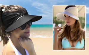 Detail of pleated fabric texture on a wide brim sun visor hat for beach and travel