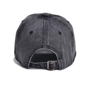 Detailed back view of a dark grey washed cotton baseball cap with adjustable metal buckle