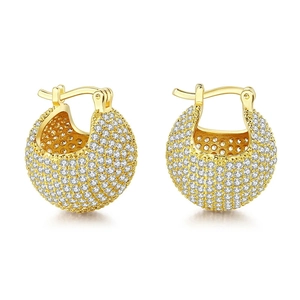 Detailed view of wide gold hoop earrings with sparkling pavé set white zircon stones
