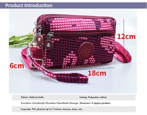 Detail view of red oxford fabric crossbody bag with heart pattern and 4 zipper pockets