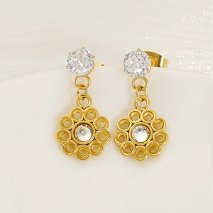 Golden titanium steel drop earrings with hollow geometric patterns and clear zircons