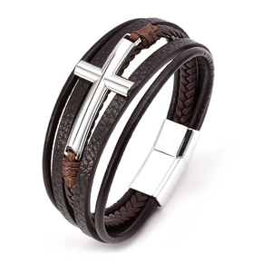 Close-up of brown multi-layer leather bracelet featuring metal cross and magnetic clasp