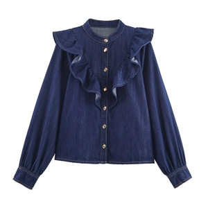 Ensemble chemise et pantalon en denim bleu foncé pour femme avec volants et boutons