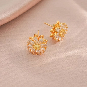 Golden sunflower stud earrings with sparkling clear and yellow cubic zirconia stones