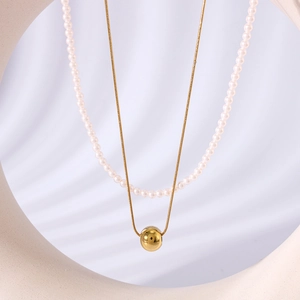 Minimalist double layer 18K gold snake chain necklace with pearl and ball pendant
