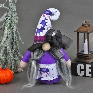 Halloween purple gnome doll with bat hat, pumpkins and vintage lantern decor