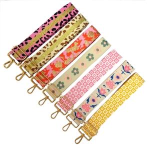Adjustable embroidered woven bag straps with metal buckles in various floral patterns