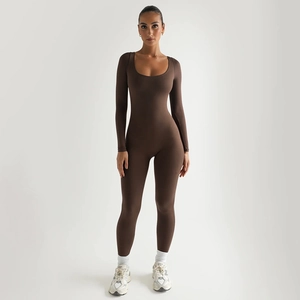 Women Long Sleeve Jumpsuit Sexy U Neck High Stretch Skinny Bodysuit Solid Color Streetwear Casual