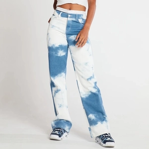 Low angle view of high waist straight leg jeans with blue and white cloud print pattern