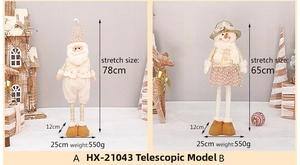 Detail of telescopic Santa and snowman plush figurines showing adjustable height legs