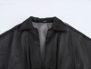 Vue détaillée du chemisier en organza noir avec revers élégant et texture légère