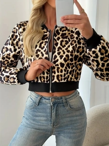 Detail of leopard print baseball jacket with black ribbed cuffs and zip front closure