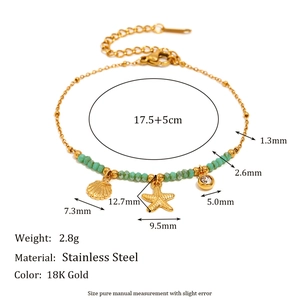 18K gold plated stainless steel starfish bracelet with green beads and seashell charms